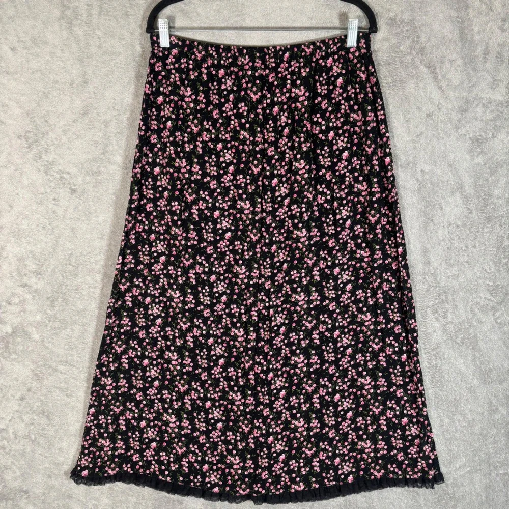 San Michelle Bay Black Pink Floral Rayon Maxi Skirt Lace Trim Size L/38 Fairy